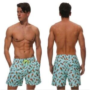 NWOT Mens Sz Large Pineapple Print Built In Mesh Briefs Swim Board Shorts